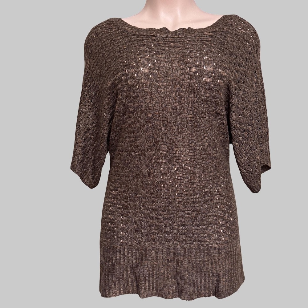 Kim Rogers Tunic Sweater Womens L Brown‎ Open Knit Dolman Sleeve Top Lagenlook